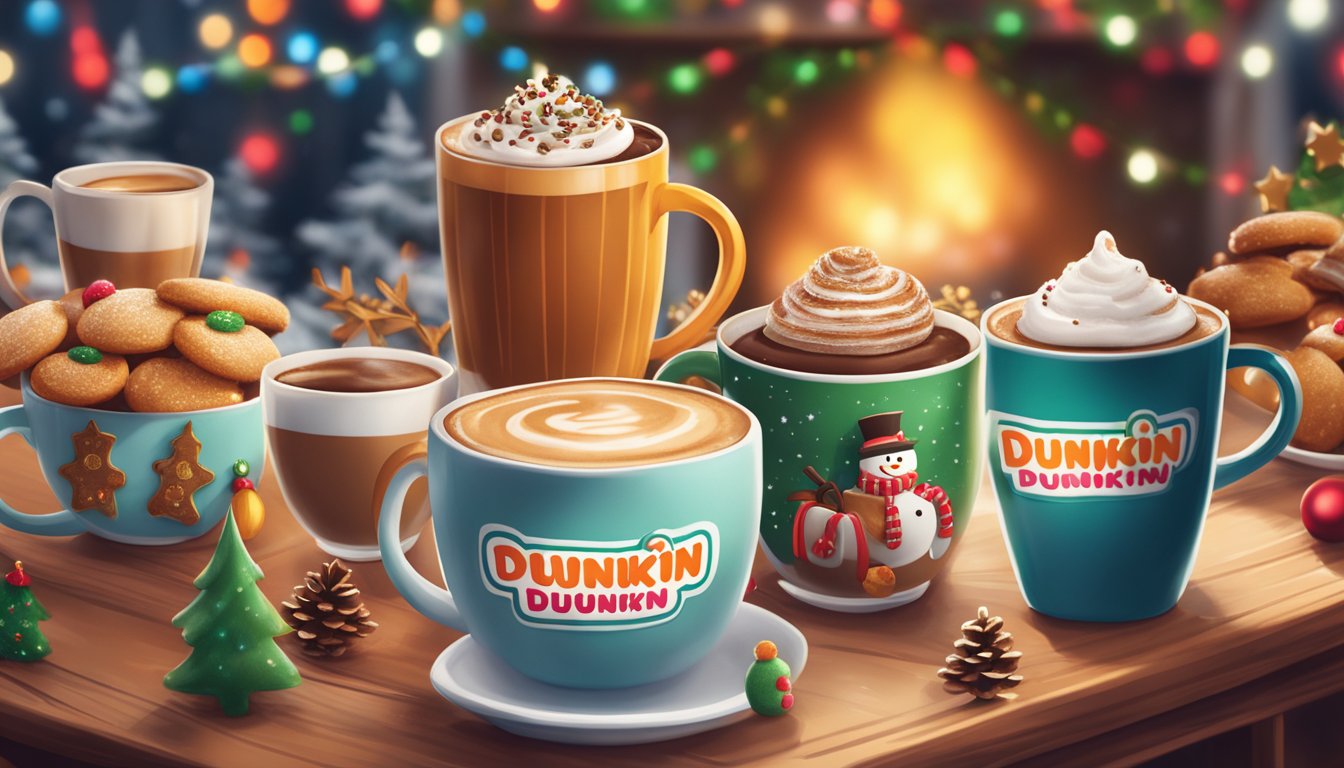 A cozy winter scene with a table full of festive Dunkin' holiday mugs, surrounded by steaming cups of coffee and cheerful holiday decorations