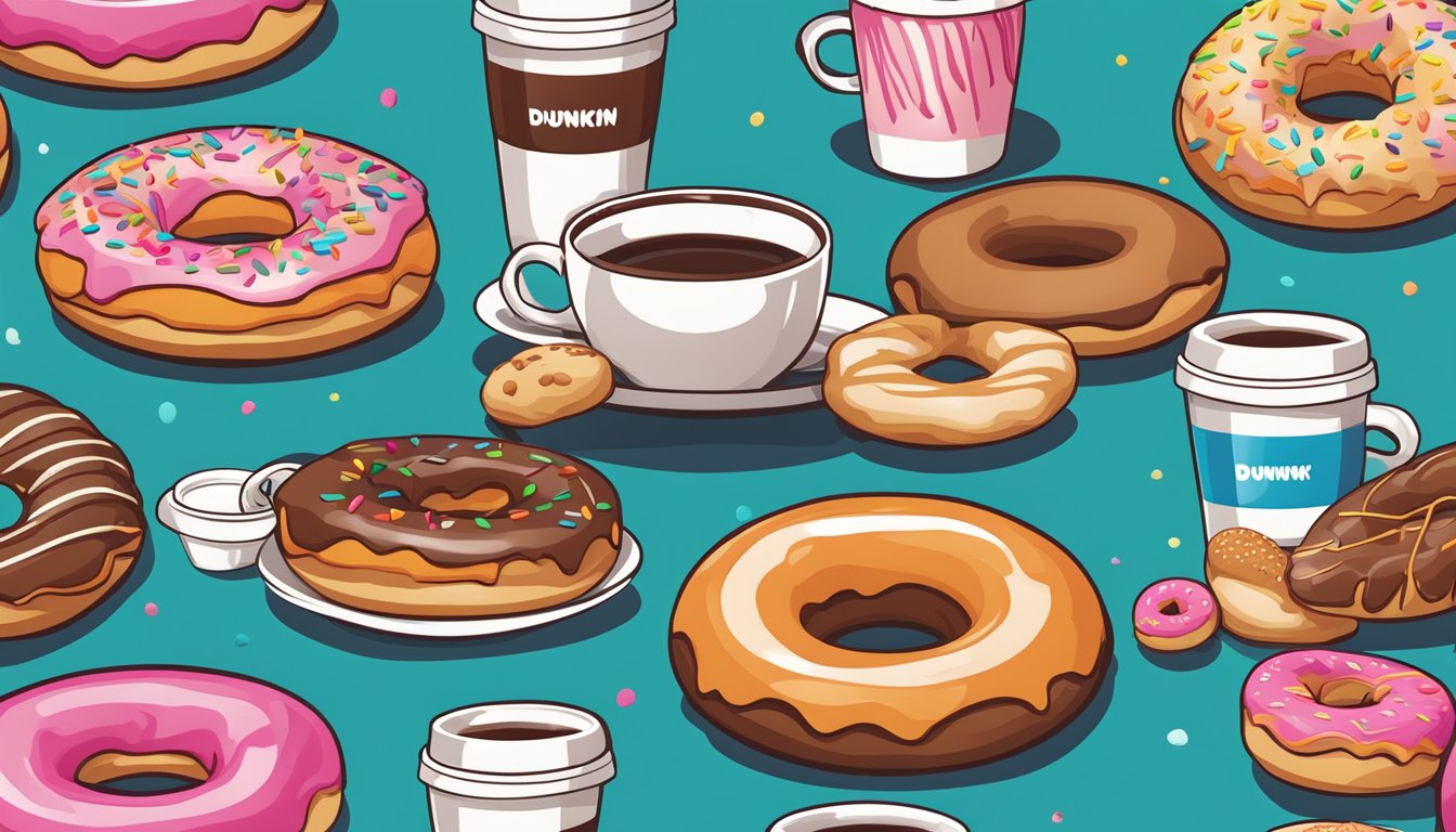 A colorful array of Dunkin' Donuts items, including coffee cups, donuts, and pastries, surrounded by disappointed customers