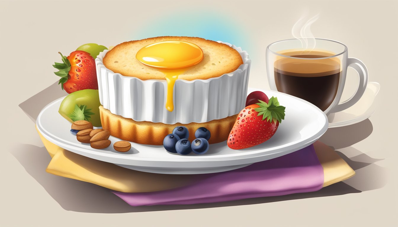 A golden-brown egg and cheese muffin sits on a white plate, surrounded by a steaming cup of coffee and a colorful array of fresh fruits