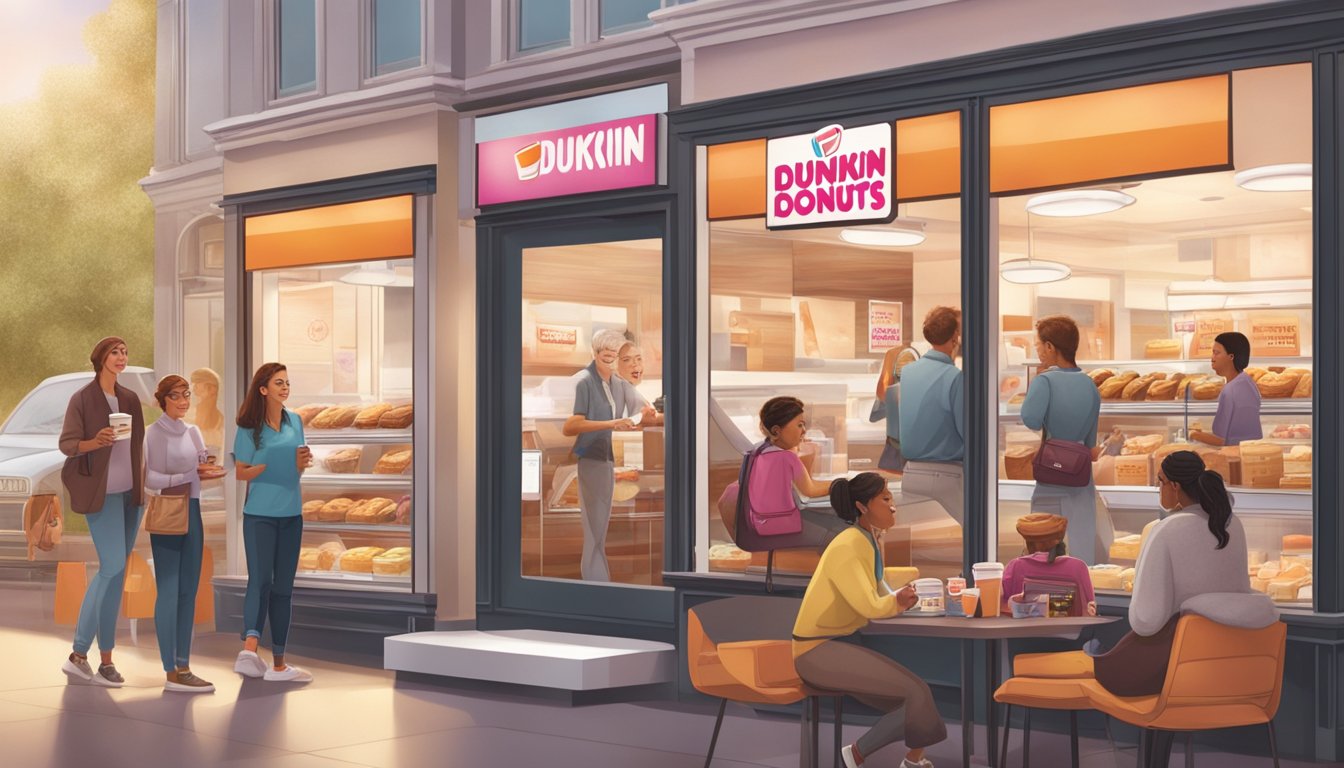 A bustling Dunkin' Donuts store with customers ordering off-menu items, while others share knowing glances and smiles. The aroma of coffee and pastries fills the air