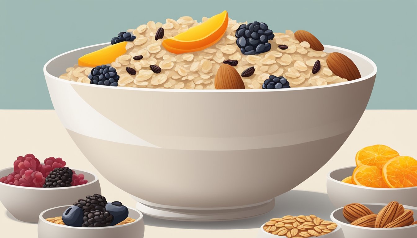 A bowl of oatmeal topped with dried fruit surrounded by 7 other breakfast options, each catering to different dietary needs