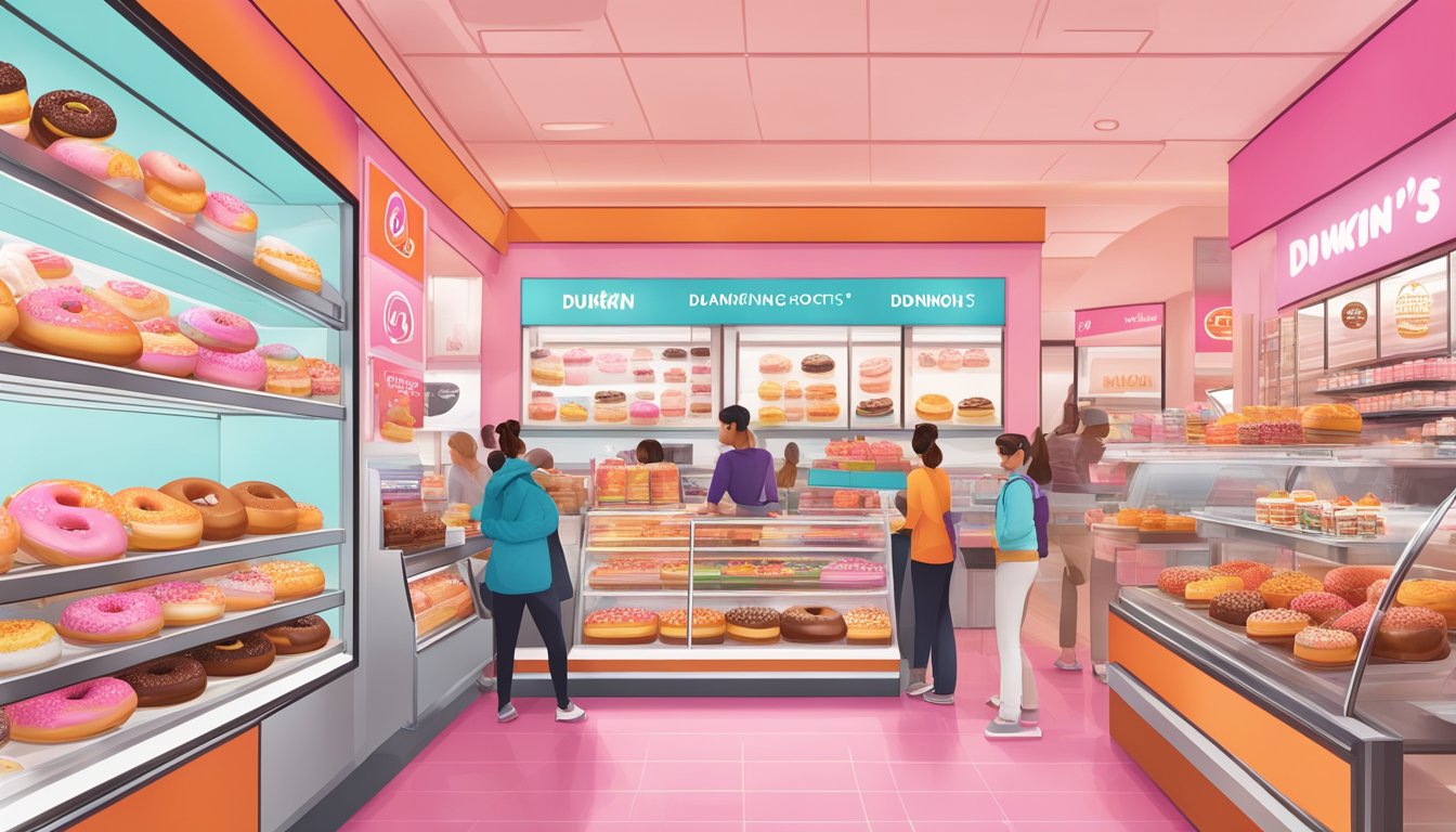 A bustling Dunkin' Donuts store with a line of devoted customers, iconic pink and orange branding, and a display case filled with colorful donuts and pastries