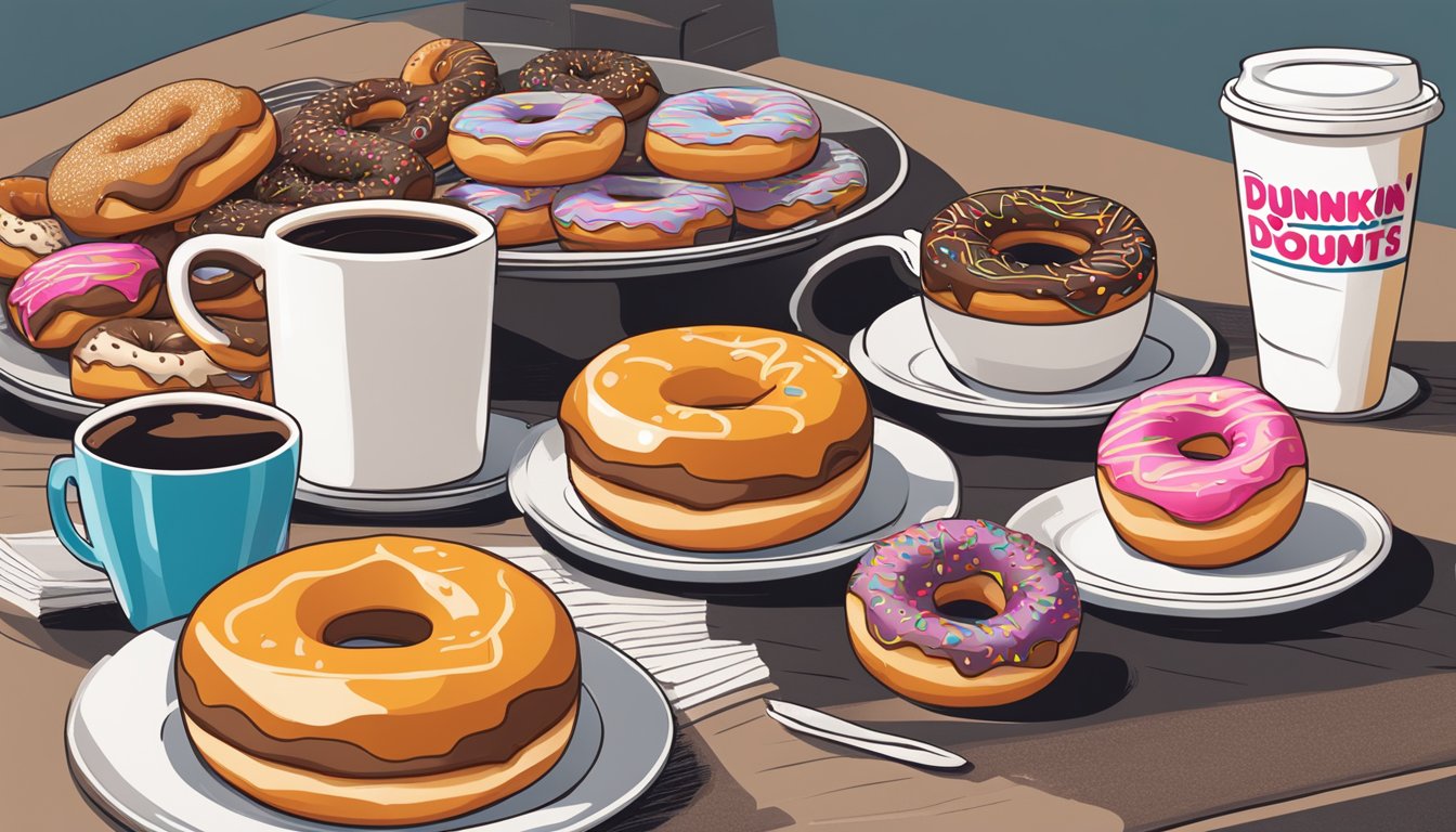 A table with a steaming cup of coffee on one side and a plate of donuts on the other, surrounded by Dunkin' Donuts memorabilia