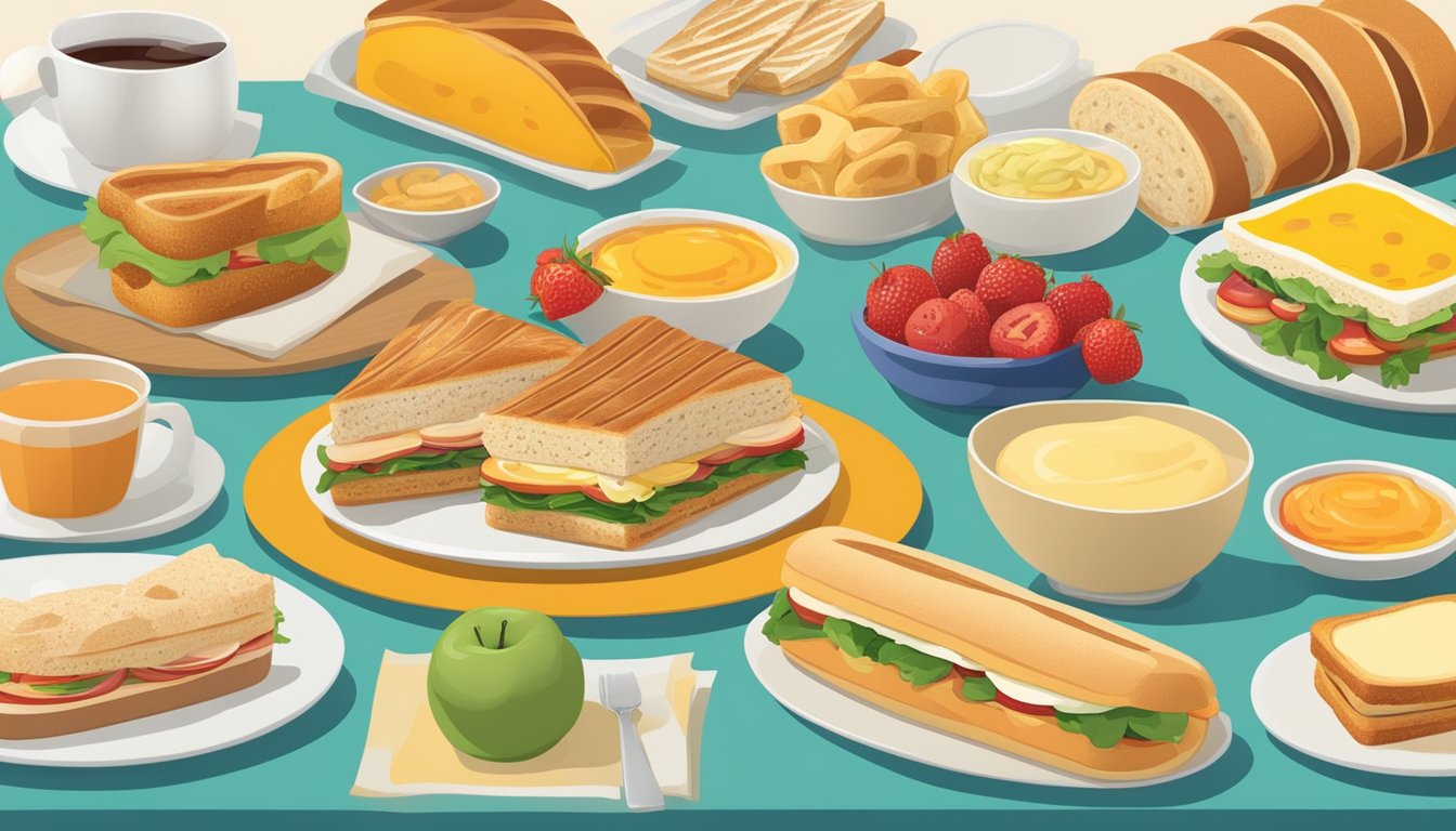 A colorful spread of breakfast options, including a variety of sandwiches, wraps, and pastries, each labeled with their respective nutritional values