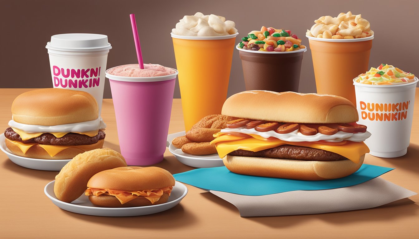 A table set with a variety of Dunkin' breakfast items, including a Beyond Sausage Sandwich, arranged in an inviting and appetizing display