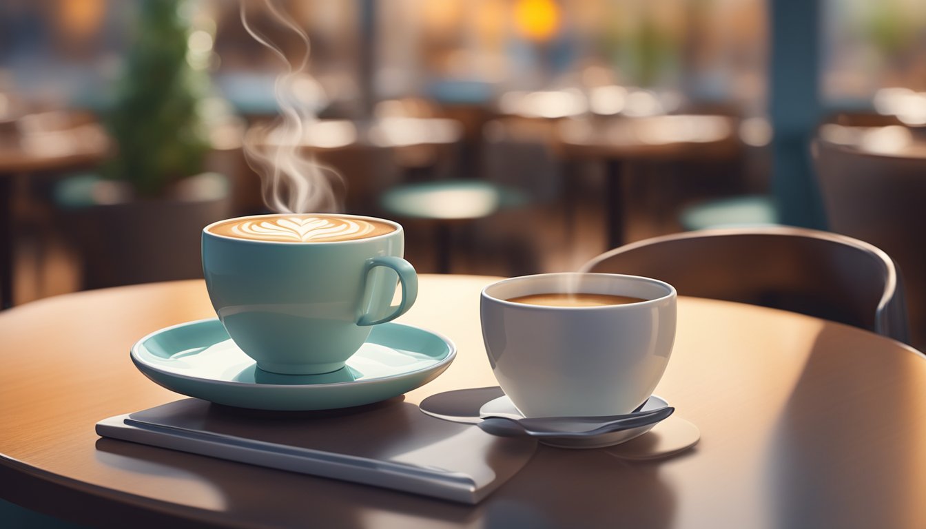 A steaming cup of decaf latte with skim milk sits on a sleek table, surrounded by a cozy cafe ambiance