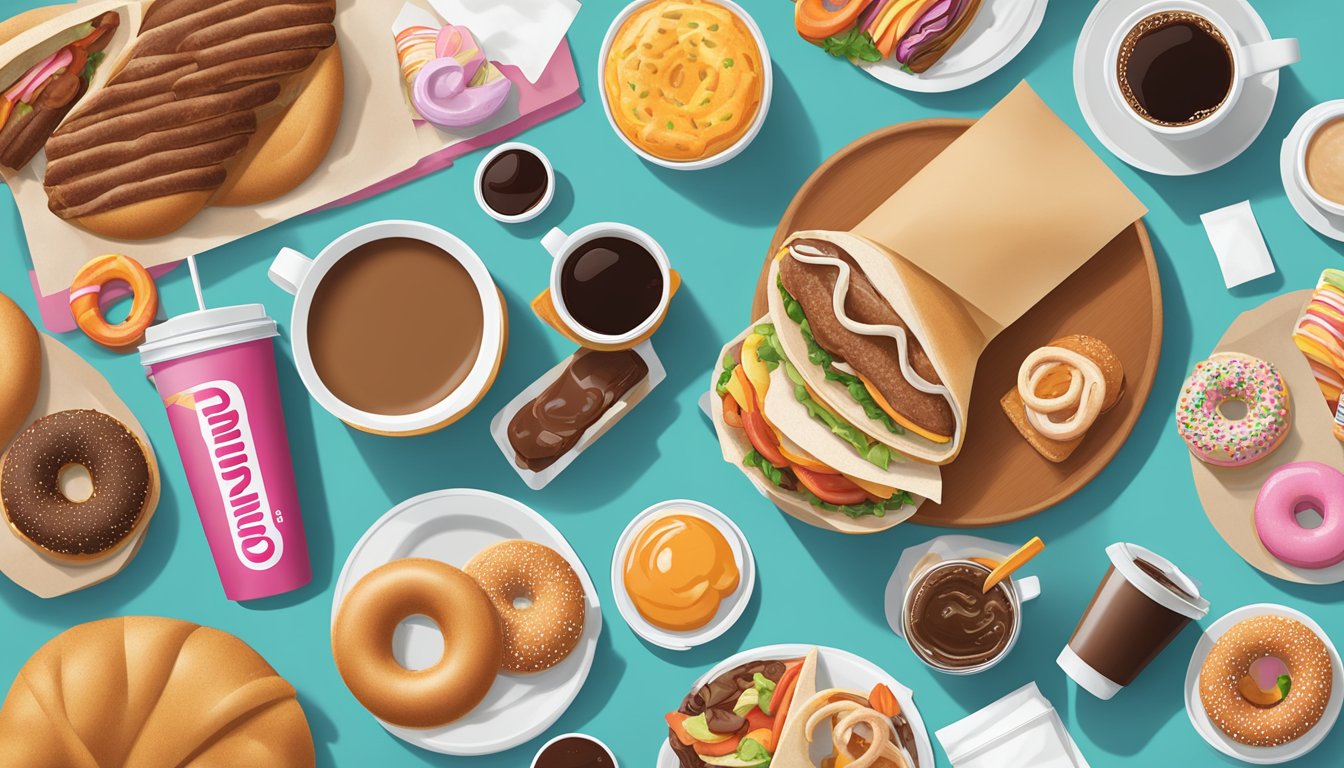 A turkey sausage wrap surrounded by Dunkin' breakfast items, such as coffee, donuts, and sandwiches, displayed on a table