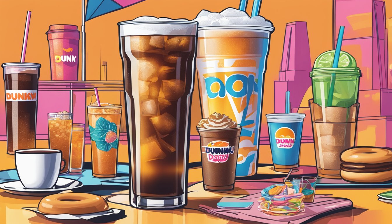 A tall glass of unsweetened iced tea sits on a table next to a Dunkin' Donuts logo, surrounded by various celebrity-themed drink orders