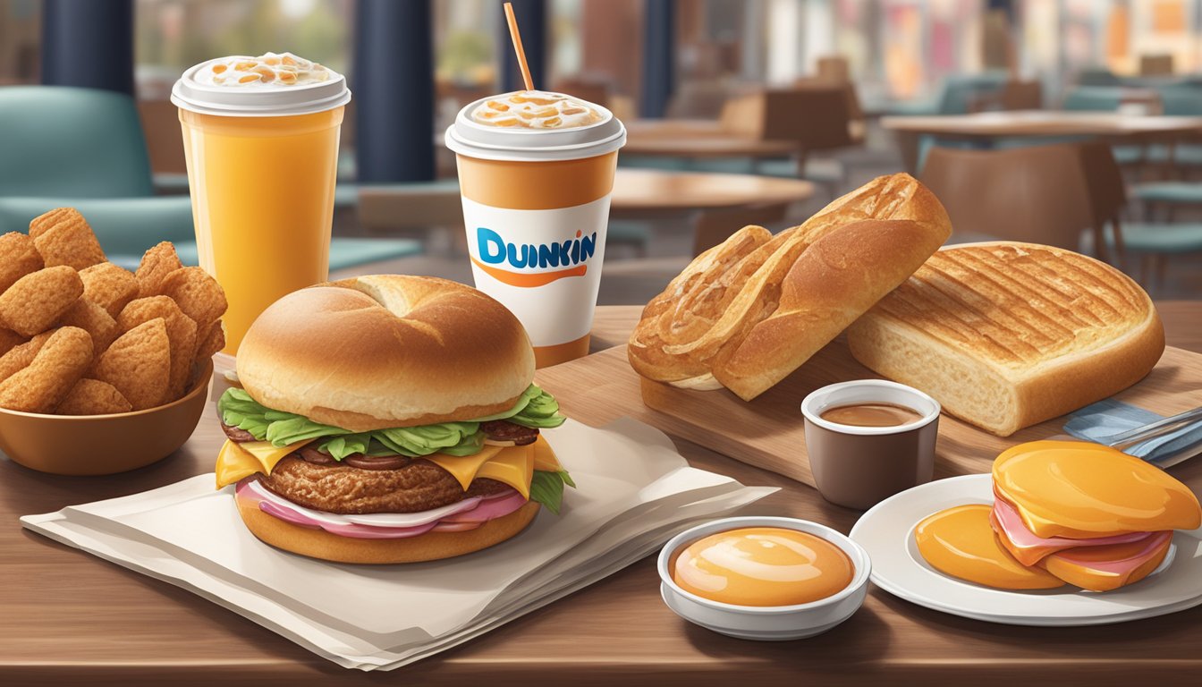 A table set with a sourdough breakfast sandwich surrounded by Dunkin' breakfast items, with a warm, inviting atmosphere