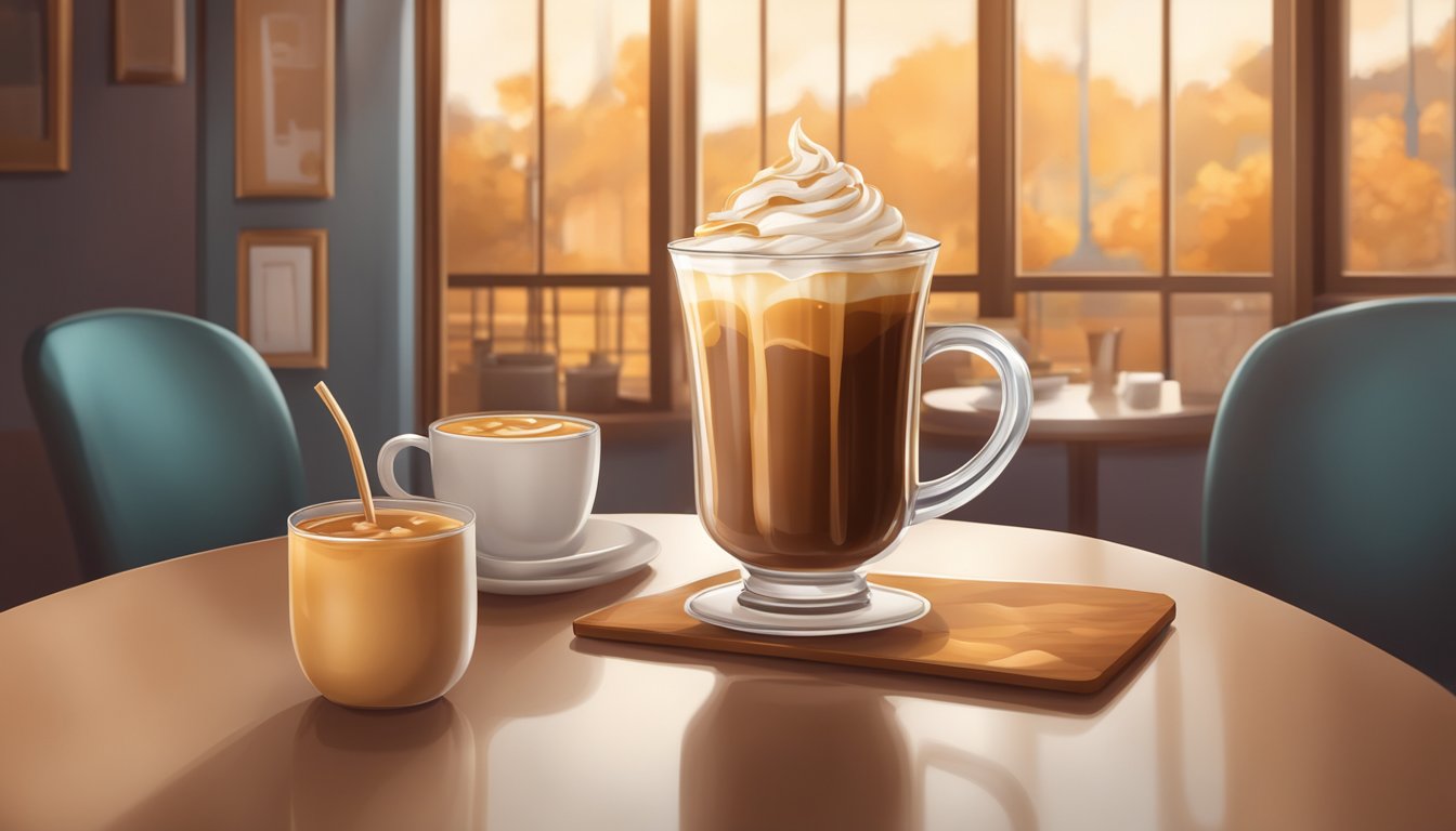 A tall cup of caramel iced coffee with whole milk sits on a table, surrounded by a warm and inviting atmosphere