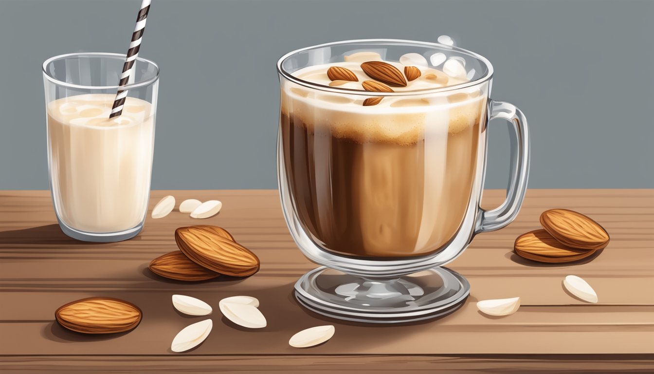 A clear glass filled with iced coffee, topped with frothy almond milk, and garnished with toasted almond slices on a wooden table