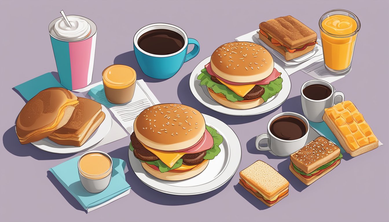 A hearty breakfast sandwich surrounded by Dunkin' breakfast items, arranged on a table with a cup of coffee