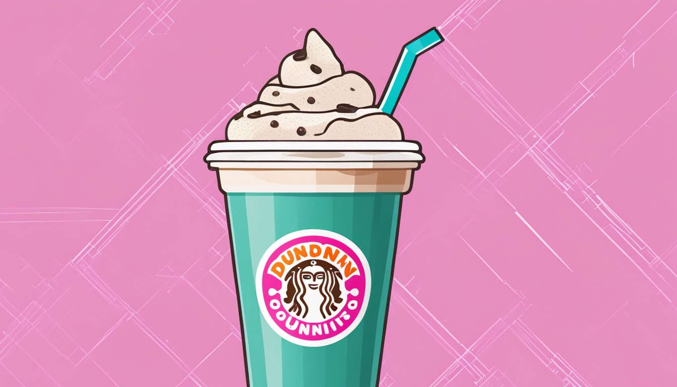 A hand holding a Vanilla Bean Coolatta with a Dunkin' Donuts logo in the background