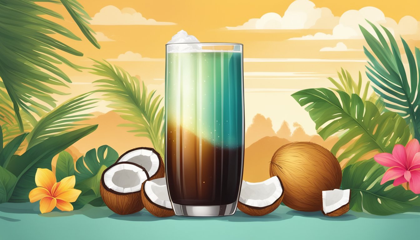 A tall glass filled with coconut caramel cold brew surrounded by tropical foliage and a bright, sunny backdrop