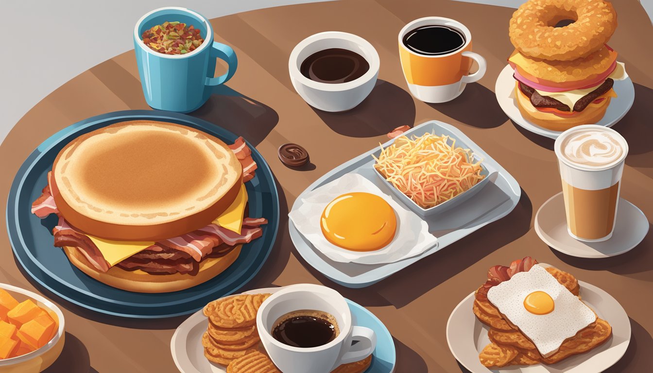 A plate of Maple Sugar Snackin' Bacon surrounded by other Dunkin' breakfast items, such as a breakfast sandwich, hash browns, and a cup of coffee, on a table