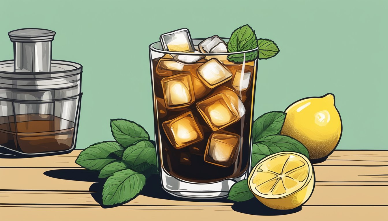 A refreshing glass of cold brew sits on a rustic wooden table, surrounded by ice cubes, fresh mint leaves, and a slice of lemon