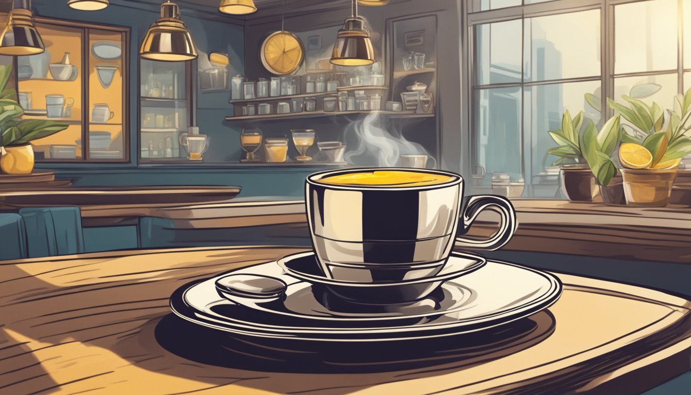 A steaming espresso sits on a saucer with a twist of lemon on the rim, surrounded by a stylish coffee shop ambiance