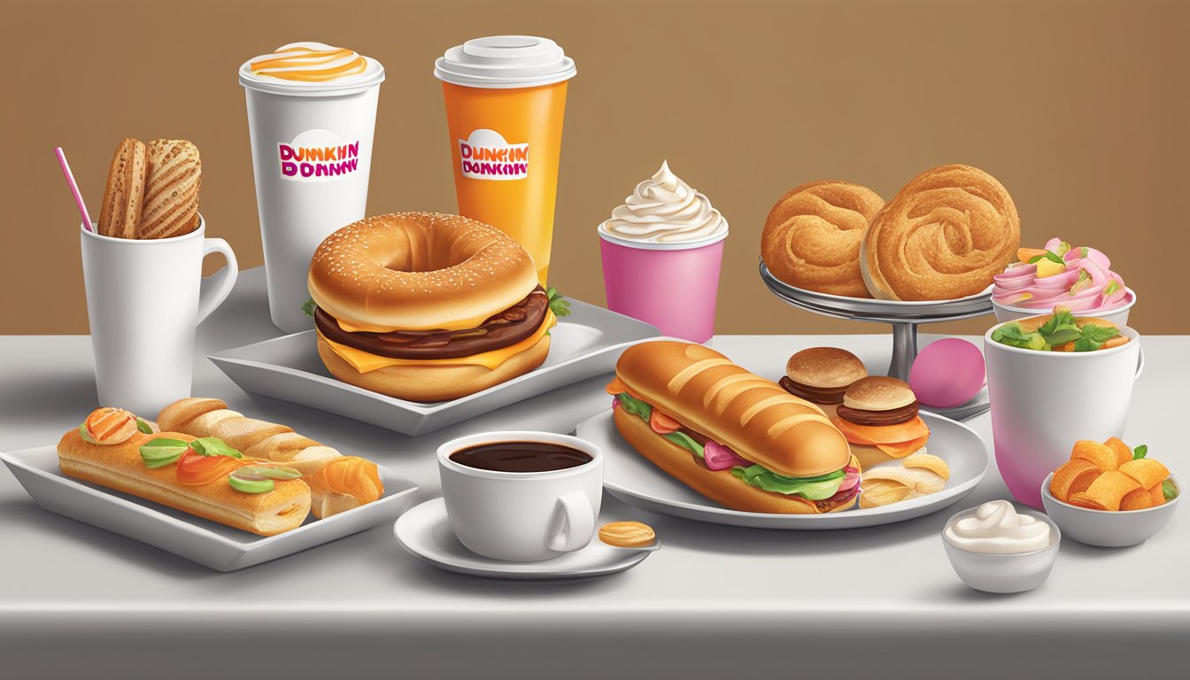 A table set with a variety of Dunkin' breakfast items, such as sandwiches, wraps, and pastries, arranged in an appealing and appetizing display