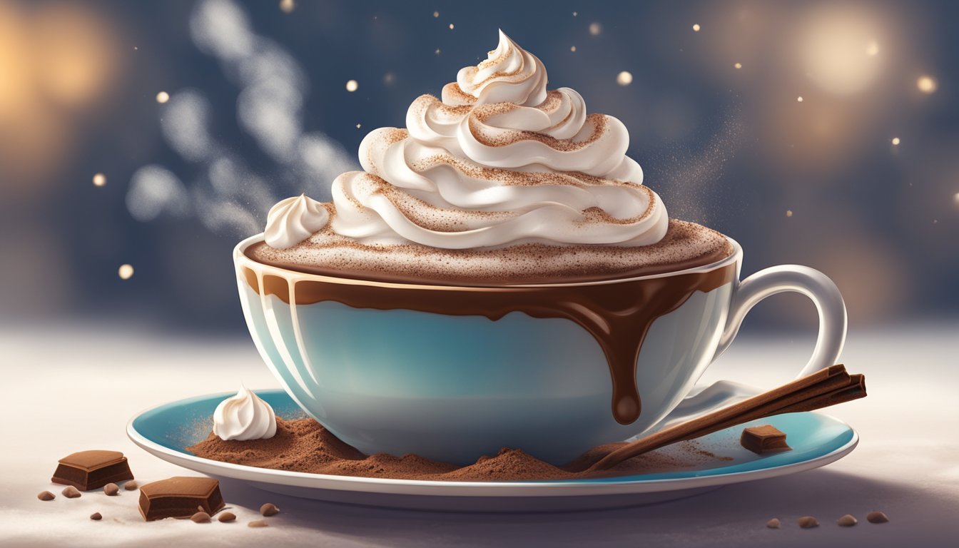 A steaming cup of hot chocolate topped with a generous swirl of whipped cream sits on a saucer, surrounded by a sprinkle of cocoa powder