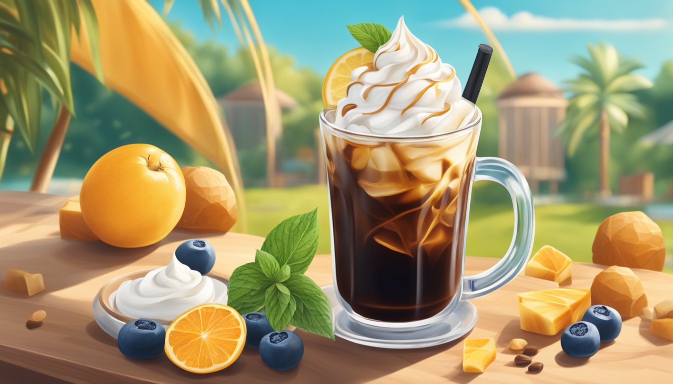 A refreshing glass of cold brew surrounded by various ingredients like vanilla, caramel, and whipped cream, with a sunny summer backdrop