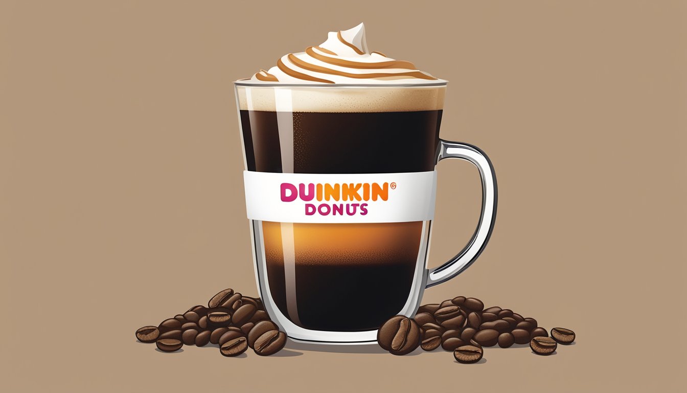 A sleek black cup of cold brew sits on a white counter, adorned with the recognizable Dunkin' Donuts logo. The cup is surrounded by a few scattered coffee beans and a small splash of cream