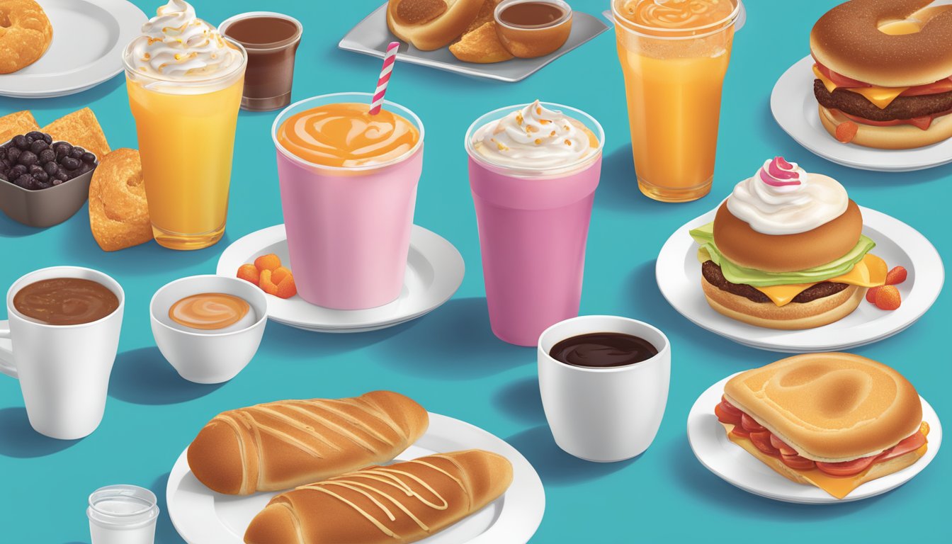 A table set with Dunkin' breakfast items and beverages, showcasing a variety of options for pairing the perfect lunchtime meal