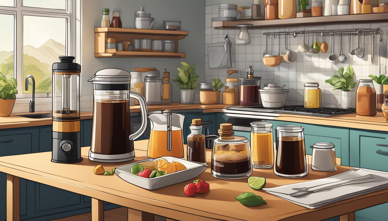 A colorful array of cold brew ingredients and equipment arranged on a sunny kitchen counter, with various flavored syrups and toppings nearby