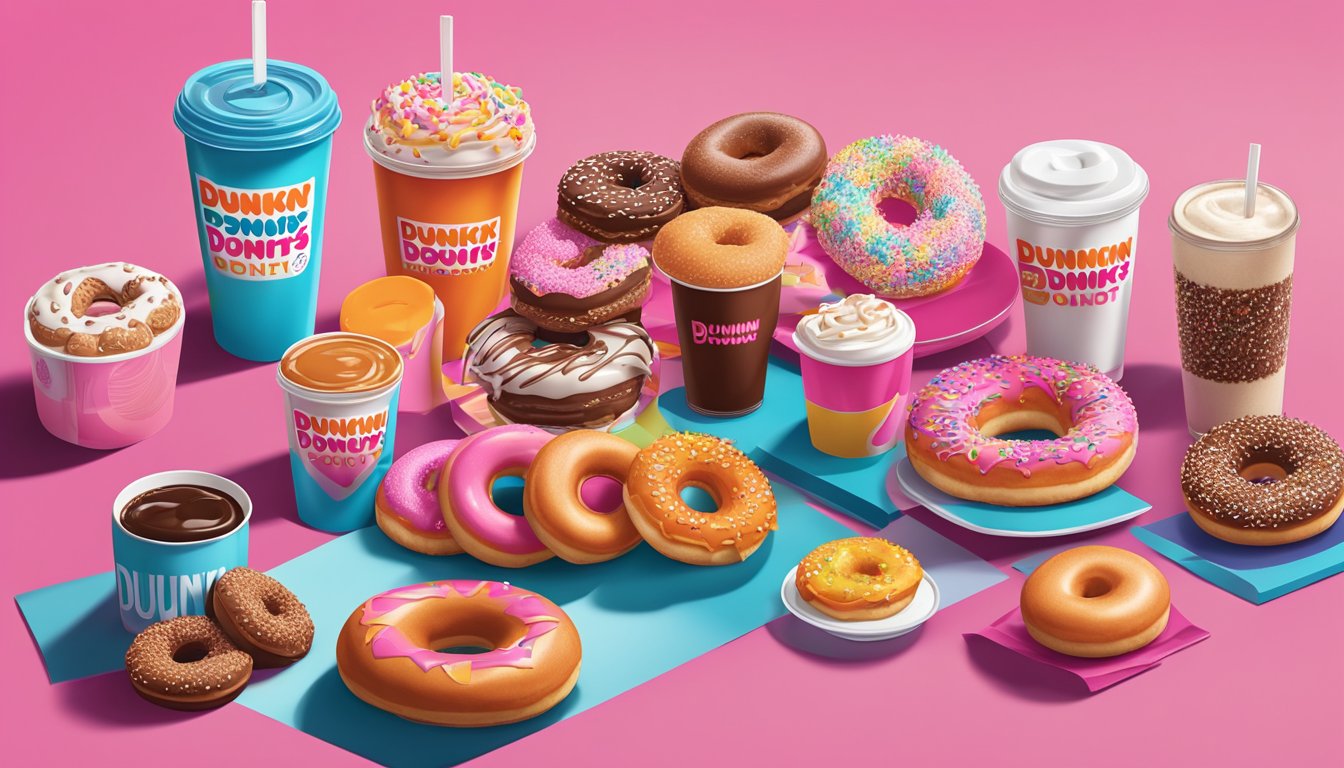 A colorful display of various Dunkin' Donuts items arranged on a table, surrounded by celebrity-inspired merchandise and memorabilia