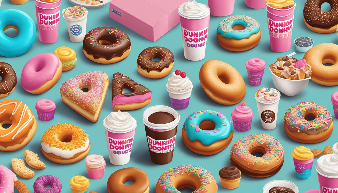 A colorful array of Dunkin' Donuts items arranged on a table, with various celebrity-inspired orders displayed in front of each item