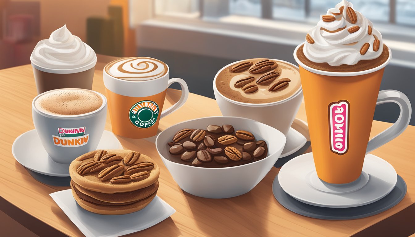 A steaming cup of Maple Pecan Coffee sits on a table surrounded by six Dunkin' seasonal items, creating a warm and inviting atmosphere