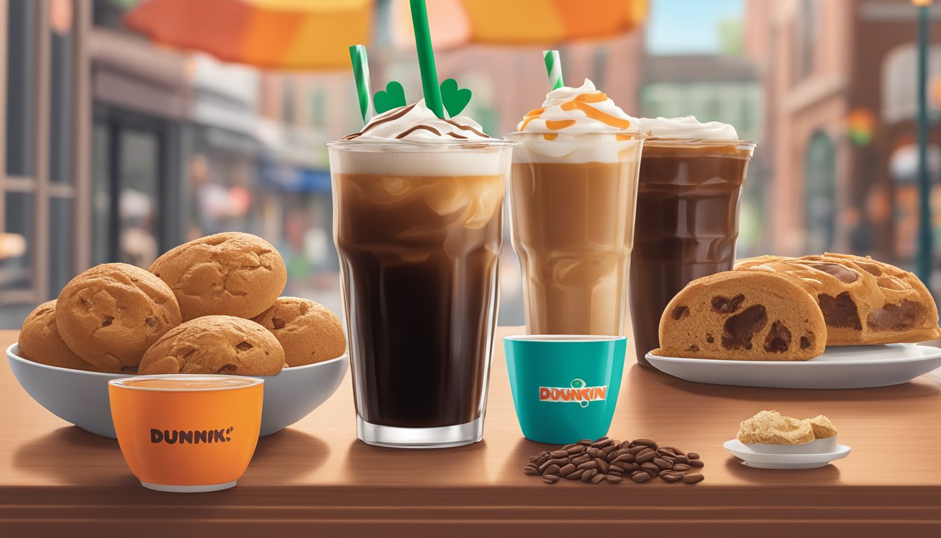 A glass of Irish Cream Cold Brew sits on a table surrounded by seasonal Dunkin' items