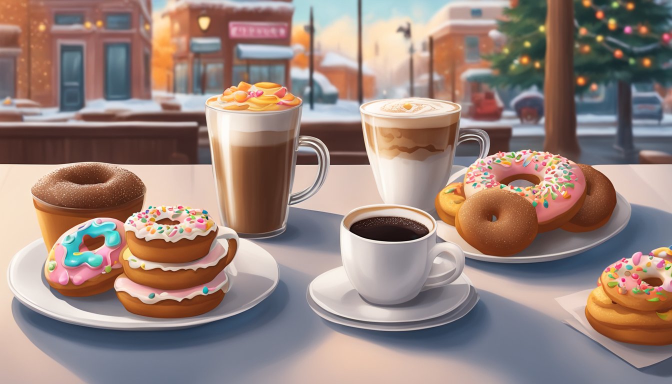 A cozy cafe with a steaming cup of gingerbread coffee surrounded by seasonal Dunkin' items like donuts and muffins