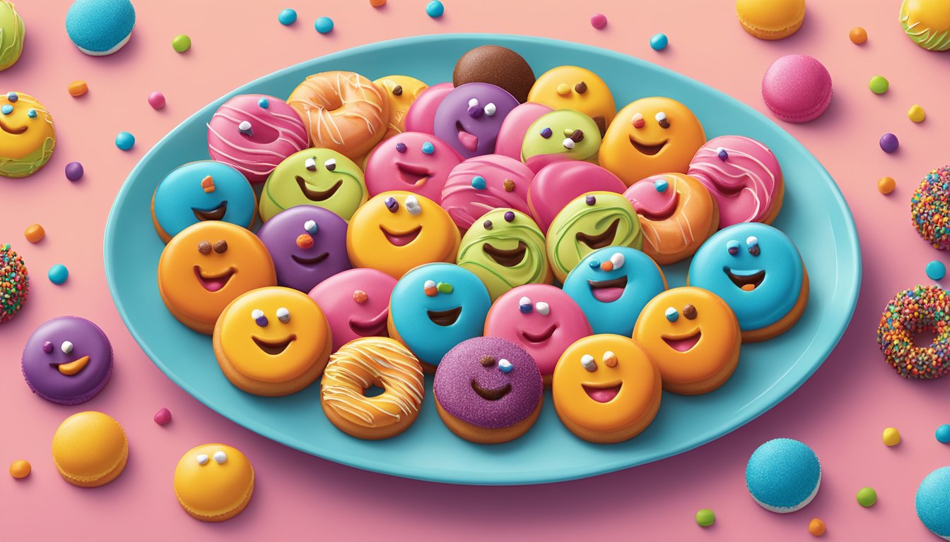 A colorful array of Dunkin' Munchkins arranged on a platter, surrounded by happy, smiling faces