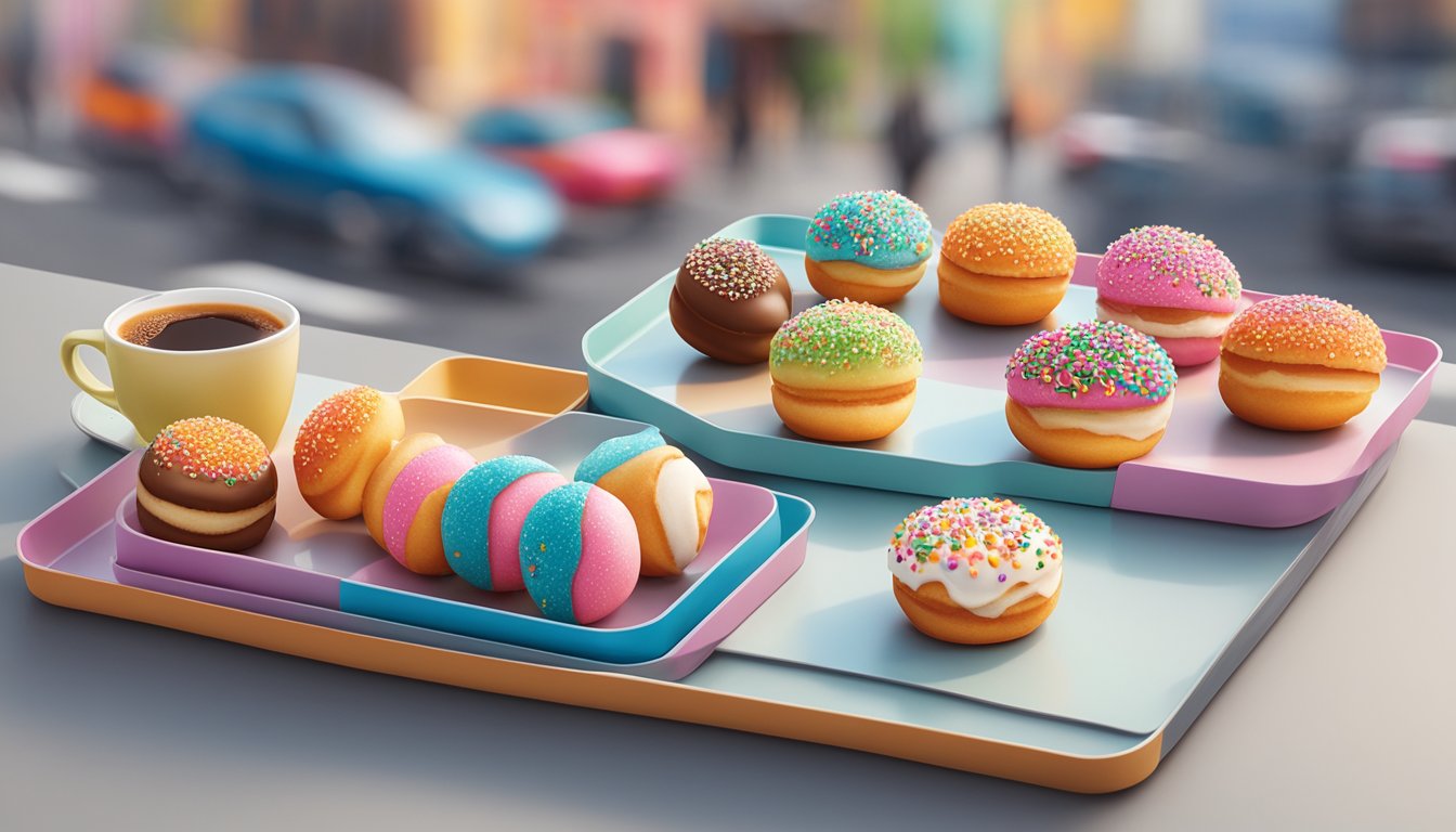 A colorful assortment of Dunkin' Munchkins arranged on a portable tray with a cup of coffee, surrounded by a busy city street