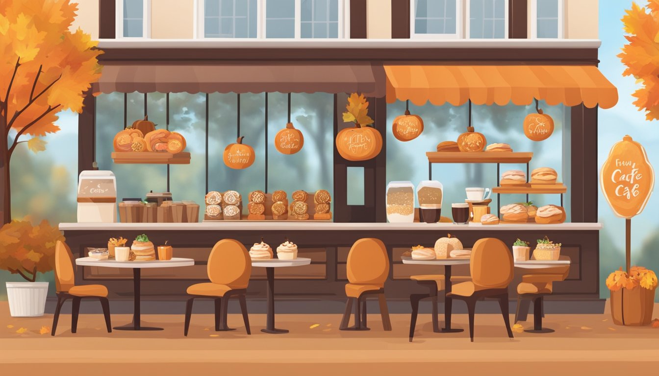 A cozy cafe with a display of seasonal items like pumpkin spice latte, apple cider, and festive donuts. Tables are adorned with autumn-themed decor