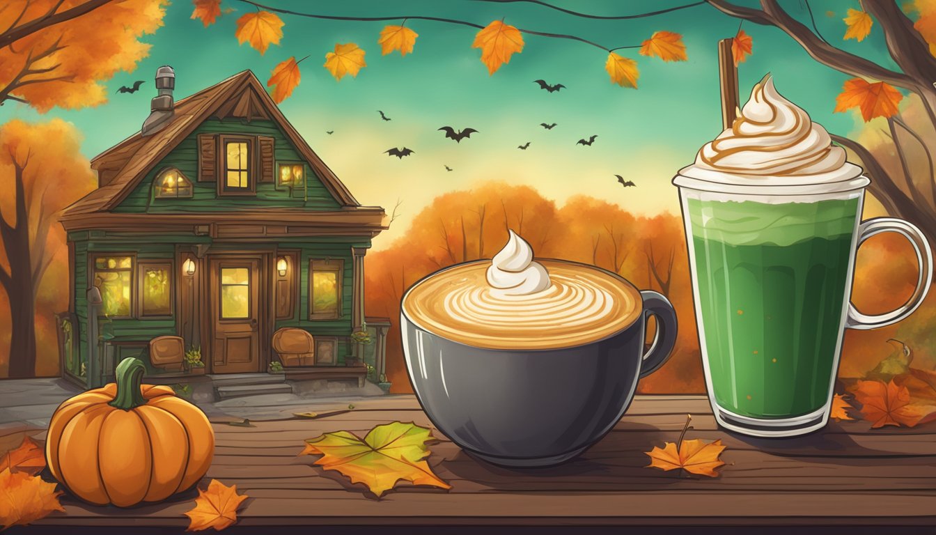 A cozy cafe with a steaming pumpkin spice latte and a creepy green Zombie Frappuccino on a rustic table, surrounded by autumn leaves and Halloween decorations