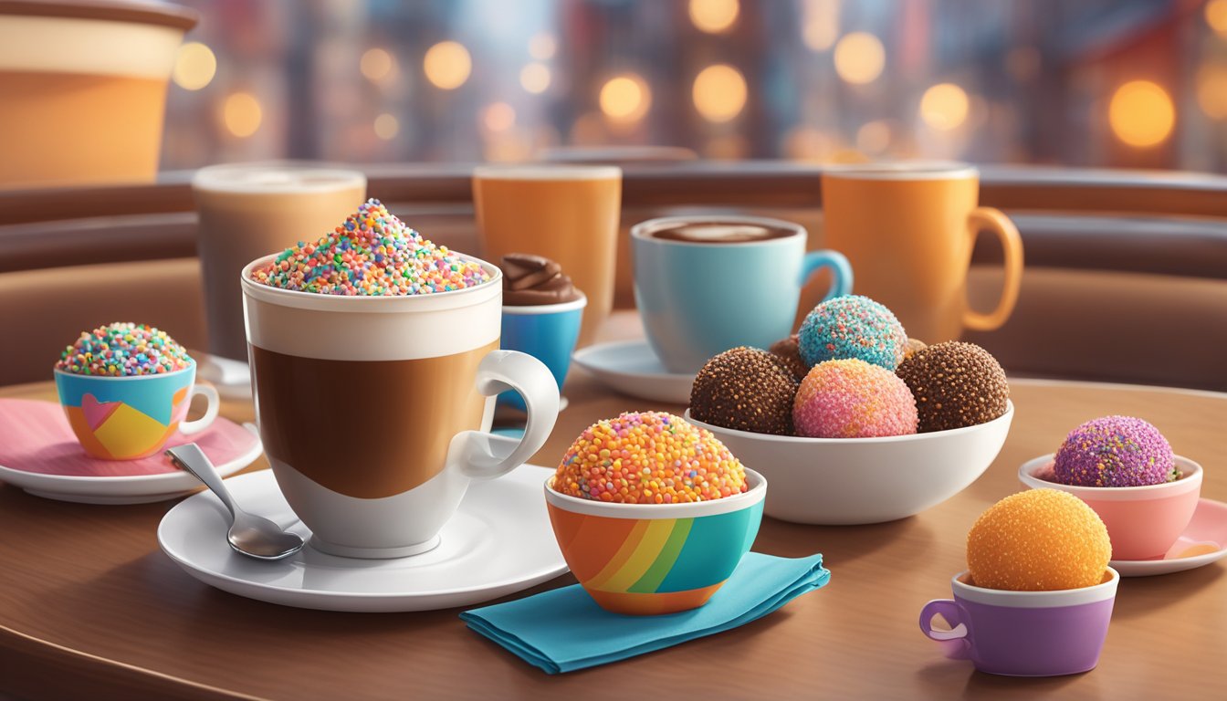 A steaming cup of coffee sits next to a colorful array of Dunkin' Munchkins on a white plate, surrounded by a cozy coffee shop atmosphere