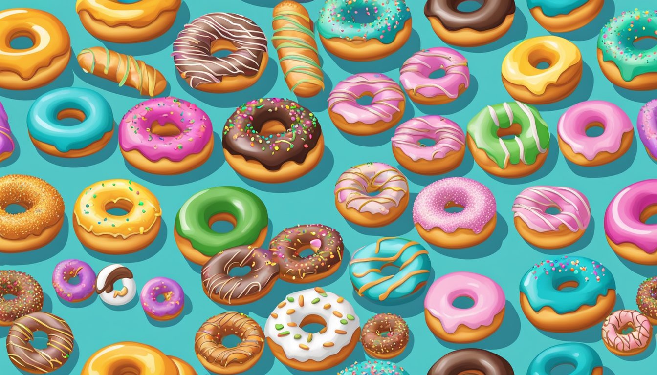 A colorful array of donuts arranged in a competition display, each one meticulously decorated with vibrant icing, sprinkles, and toppings