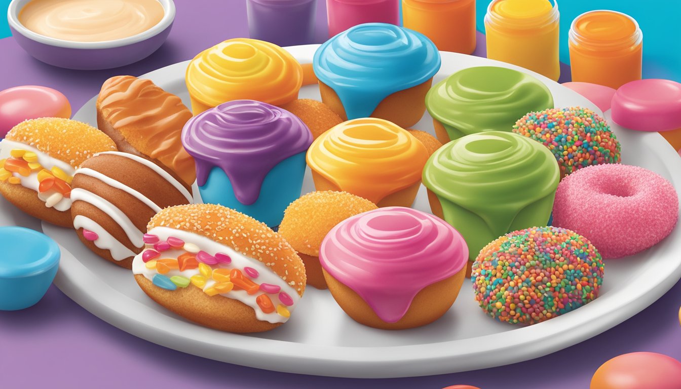 A colorful assortment of Dunkin' Munchkins arranged on a playful, kid-friendly plate with a variety of dipping sauces alongside