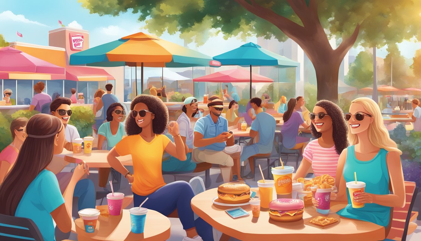 A colorful, vibrant outdoor scene with a table filled with Dunkin' Donuts beverages and snacks, surrounded by happy, relaxed people enjoying the summer weather