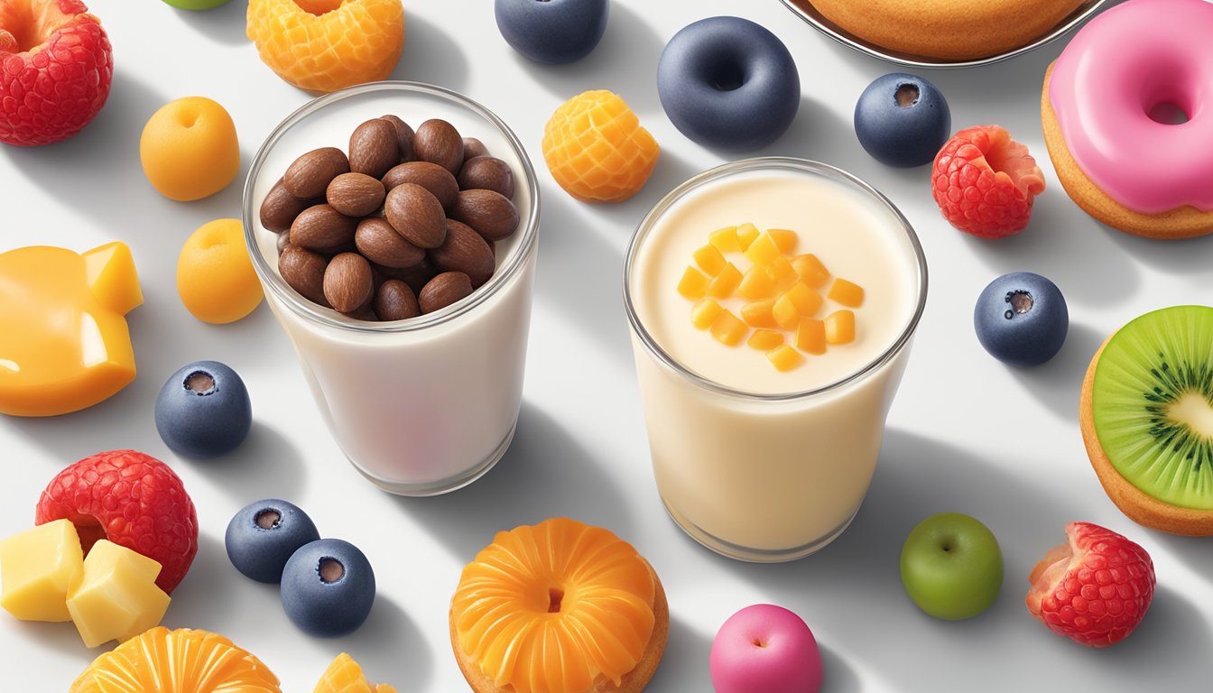 A colorful assortment of Dunkin' Munchkins arranged on a white plate, surrounded by fresh fruits and nuts, with a glass of milk on the side