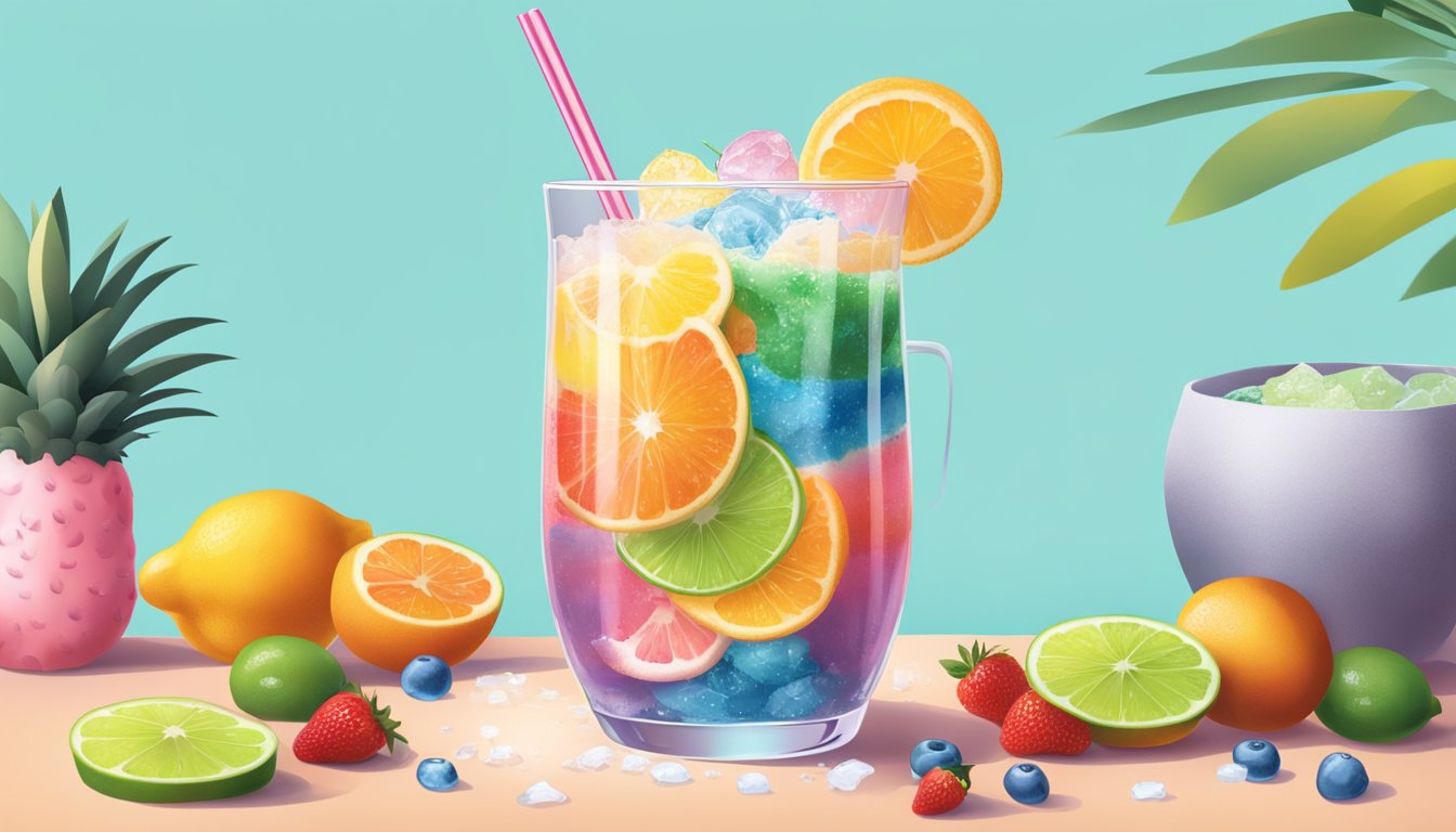 A colorful slushie being poured into a clear cup, surrounded by ingredients like fruit and ice, with a straw sticking out