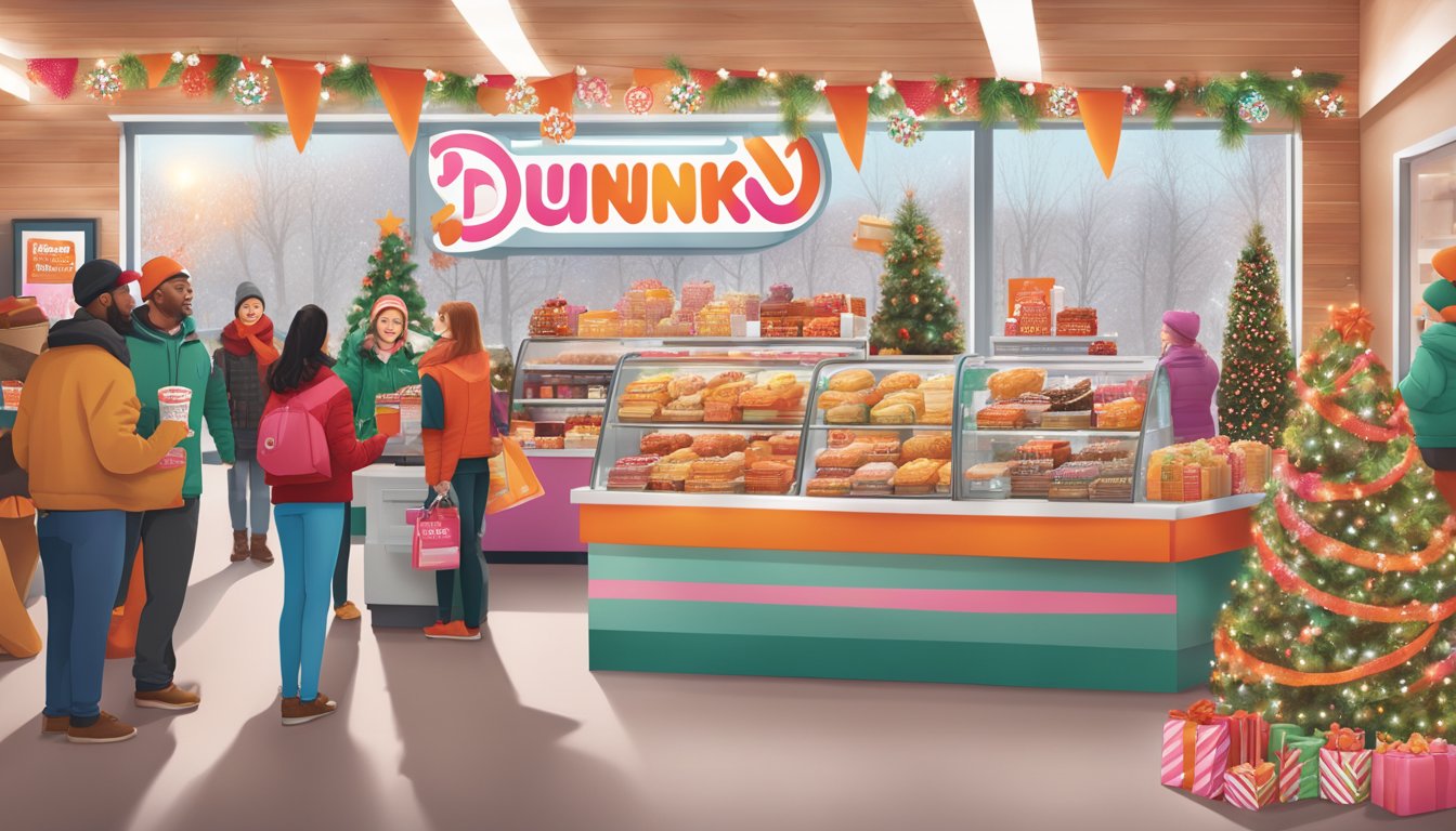 A festive holiday display featuring Dunkin' Donuts' seasonal promotions, surrounded by cheerful customers enjoying their purchases