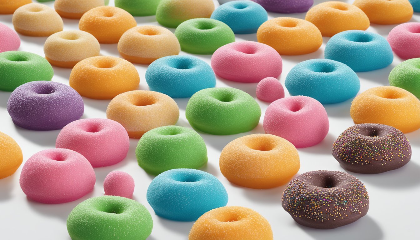 A colorful display of Dunkin' Munchkins arranged in a neat row on a white countertop, with a variety of flavors and powdered sugar sprinkled on top