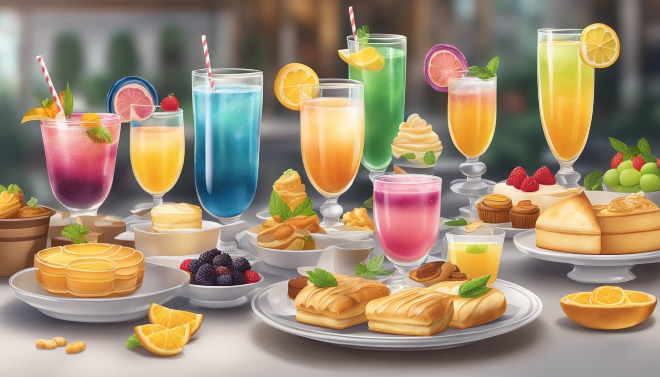 A table set with 12 different flavored drinks and accompanying pastries, arranged in an inviting display