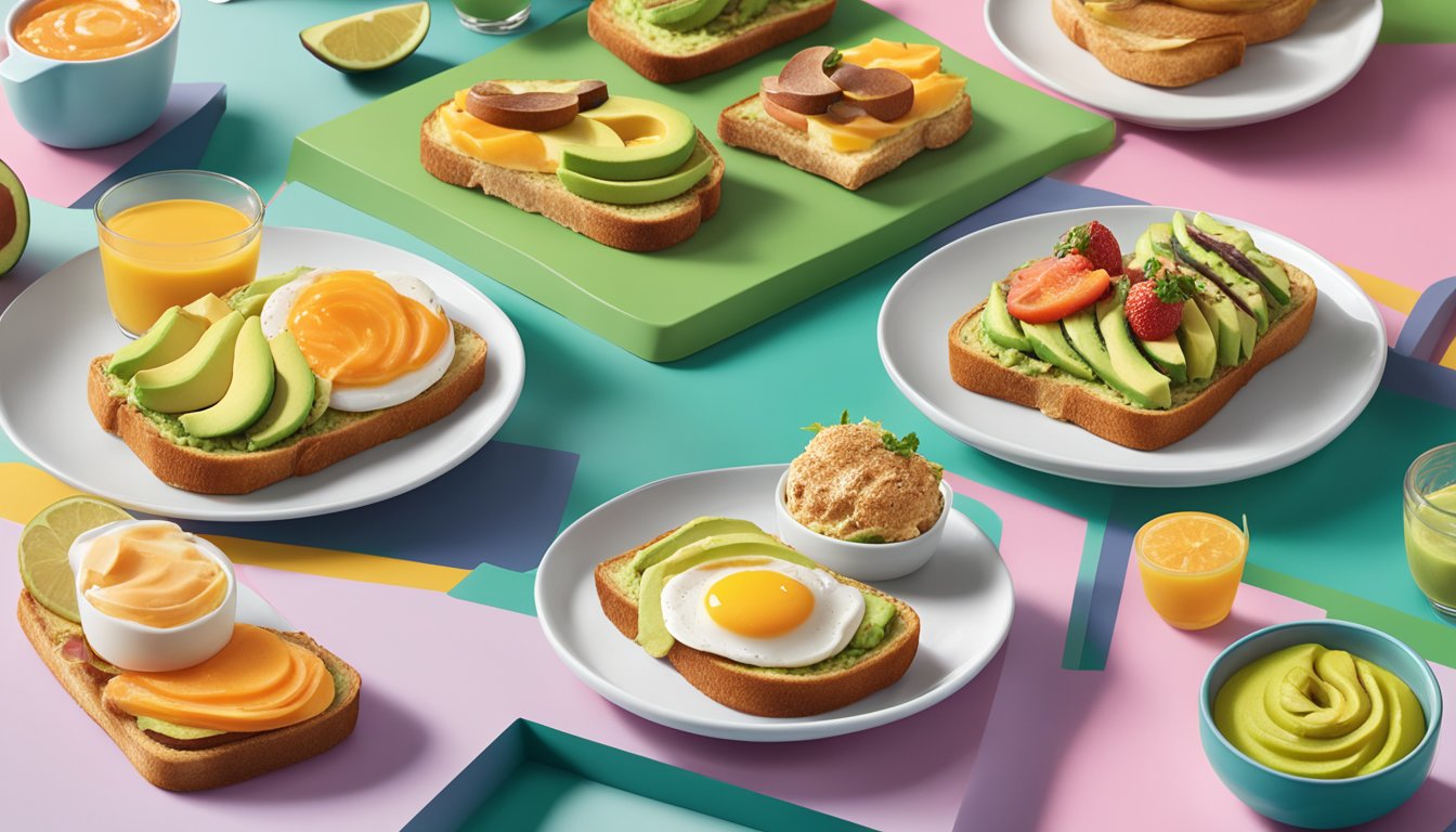 A colorful spread of 11 variations of avocado toast on a sleek, modern breakfast table, with Dunkin' branding subtly incorporated into the background