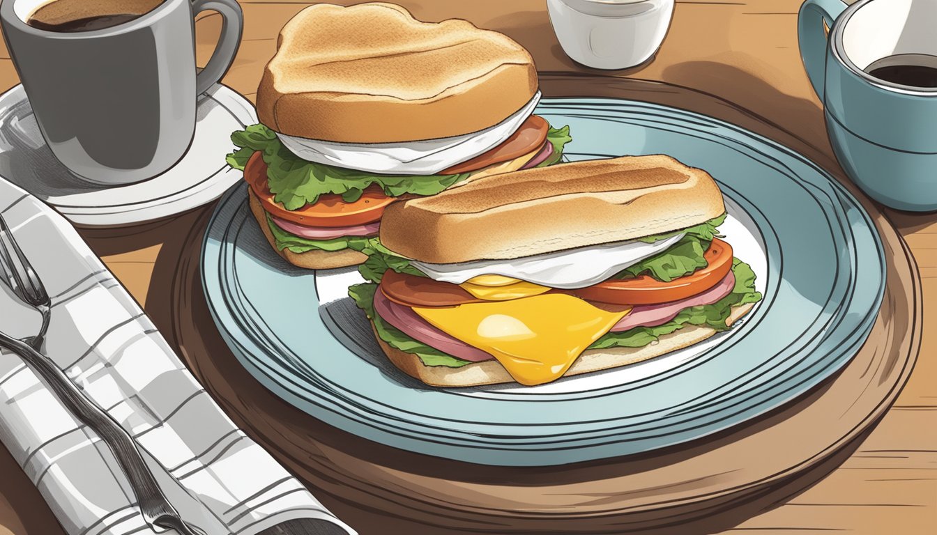 A breakfast sandwich sits on a plate next to a cup of coffee, with a napkin and utensils nearby