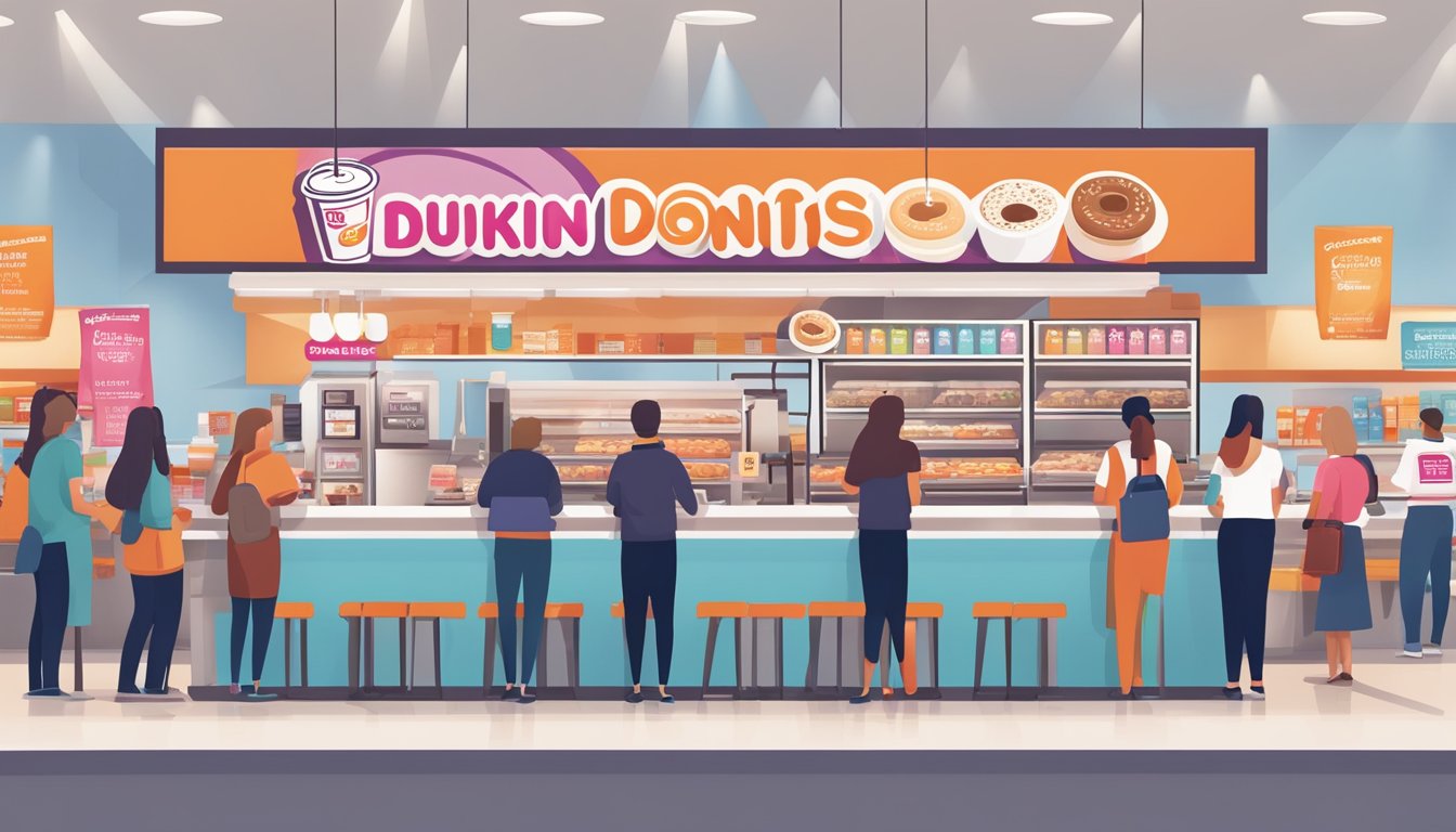 A bustling Dunkin' Donuts store with a variety of frozen coffee drinks and breakfast items on display, with customers lined up at the counter