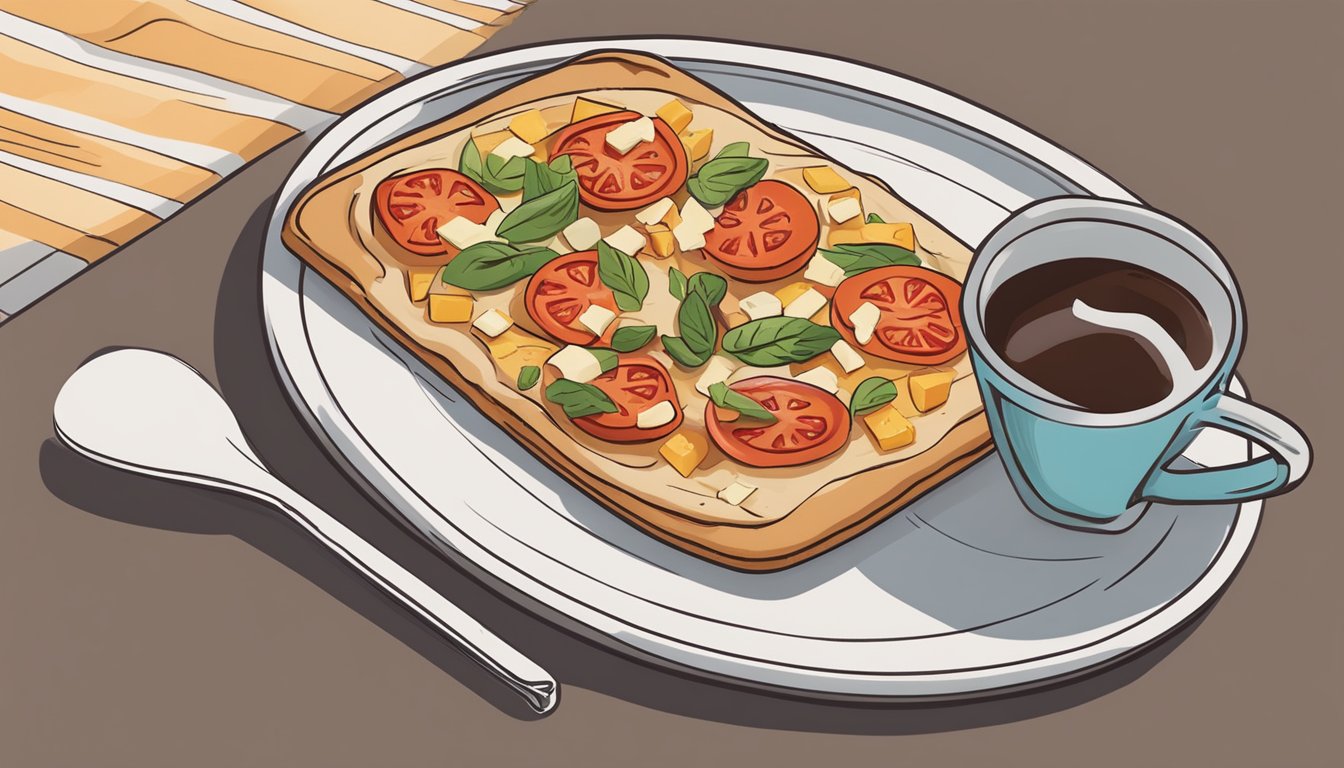 A colorful flatbread topped with turkey sausage, tomatoes, and cheese sits on a plate next to a steaming cup of coffee