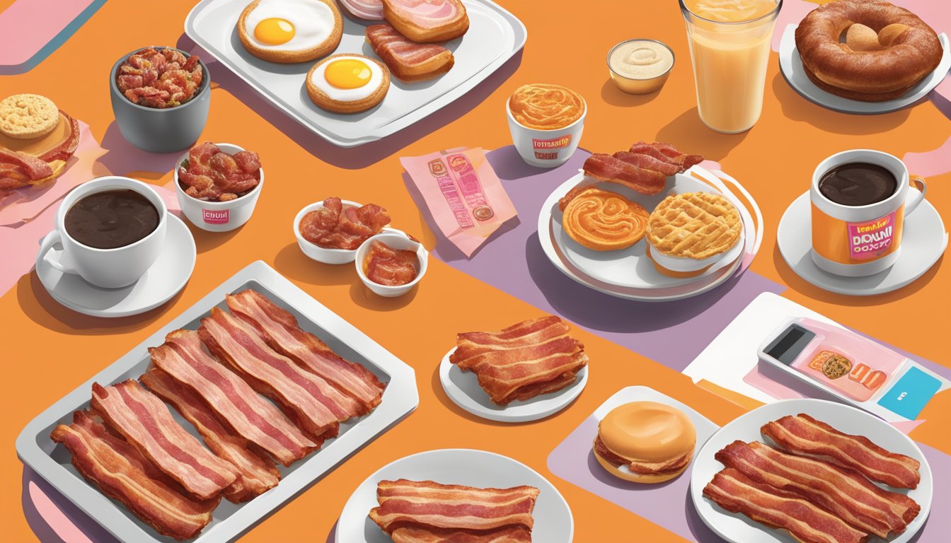 A table with 11 different bacon-themed breakfast items, each presented in a unique and innovative way, surrounded by Dunkin' branding and logo